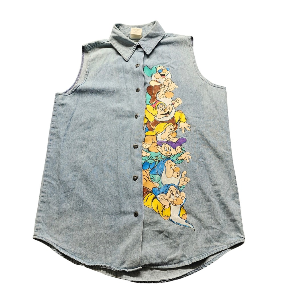 Disney Snow White Seven Dwarfs Denim Sleeveless Shirt Women Medium Blue Vintage